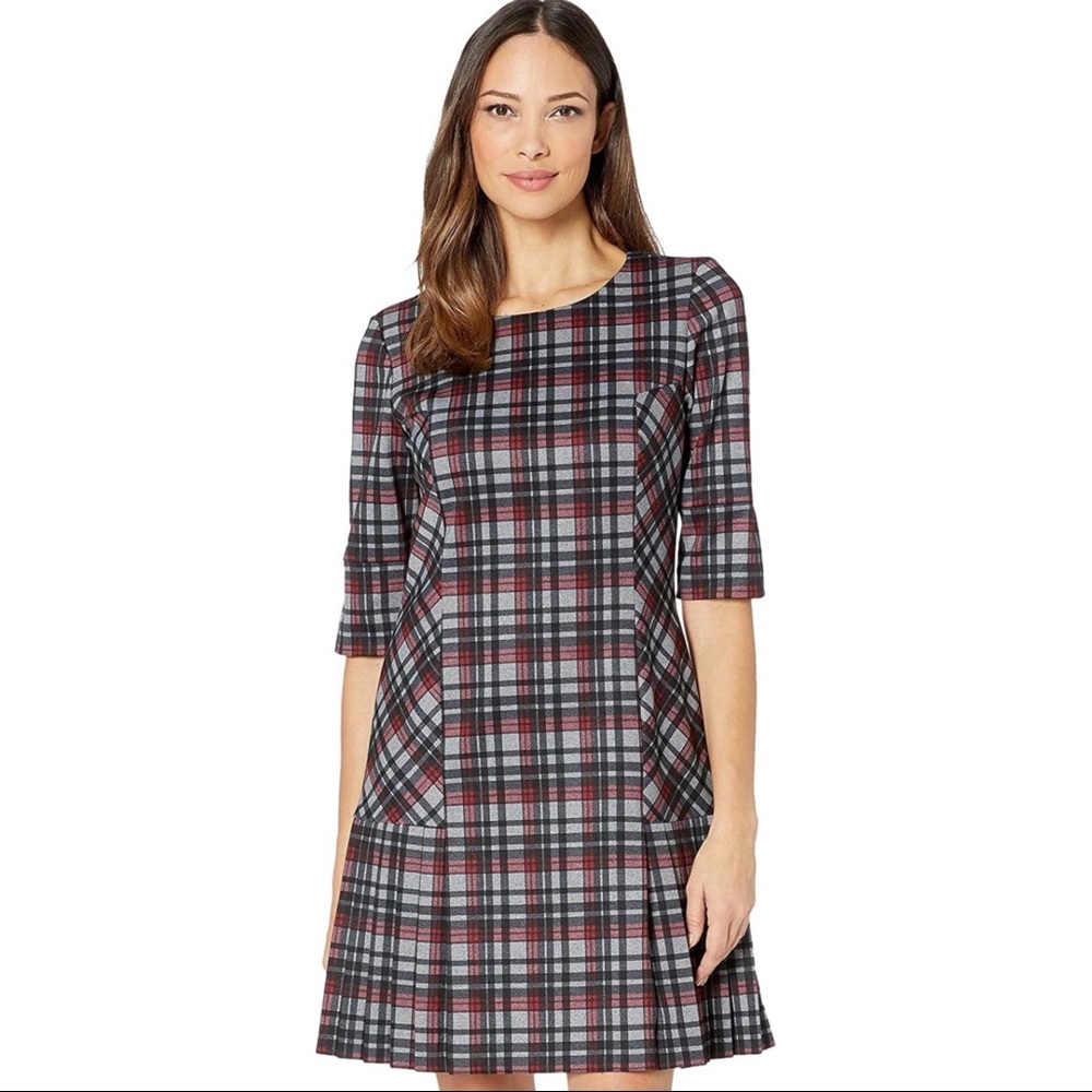 TAHARI elbow sleeve plaid dress US 8